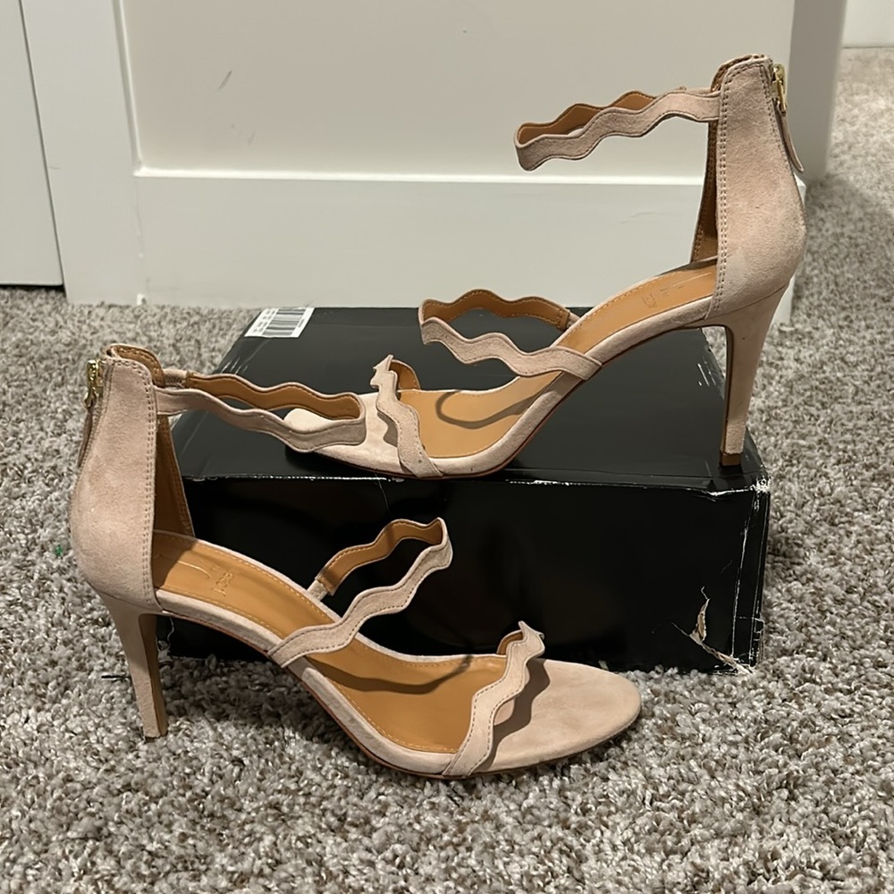 J Crew Three-Strap Scallop Suede Heels